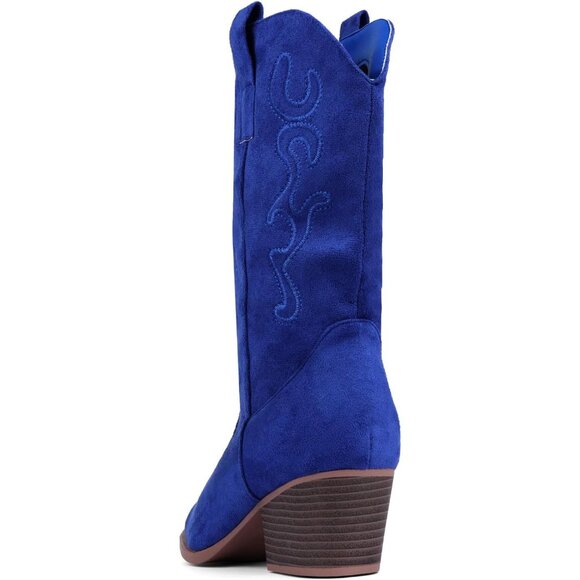 Women Navy-blue Suede Mid Calf Chunky Block Heel Western Embroidered Boot - Picture 4 of 7
